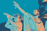An illustration showing Tupaia pointing in a direction and James Cook looking with a telescope. The Endevour is behind them.