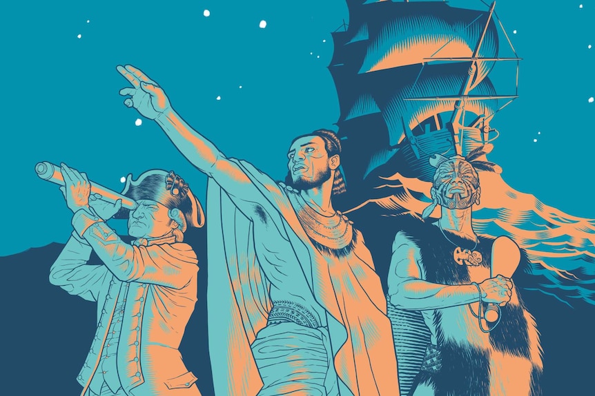 An illustration showing Tupaia pointing in a direction and James Cook looking with a telescope. The Endevour is behind them.