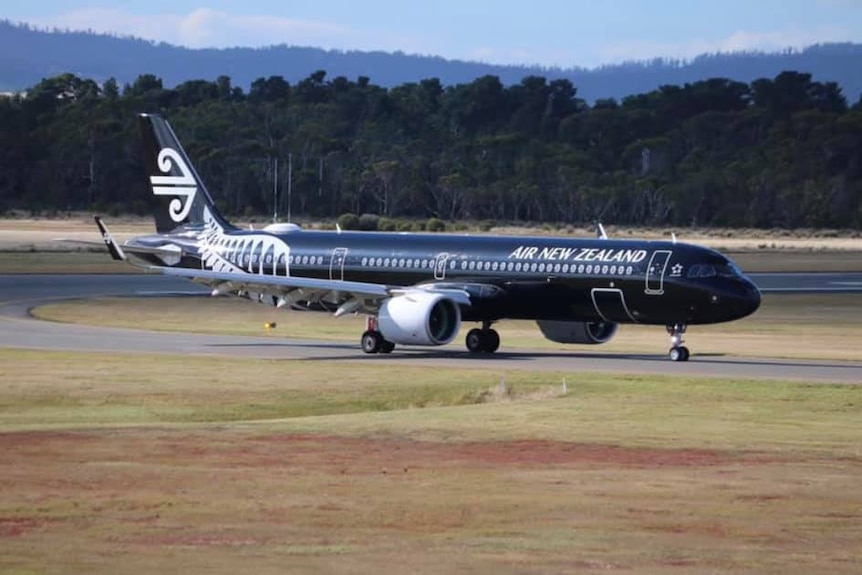 Air New Zealand plane arrives at Hobart airport.