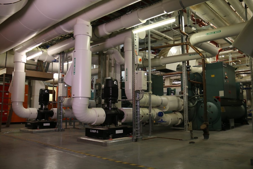 Dozens of pipes and tubes weave in and out between each other in an underground basement.