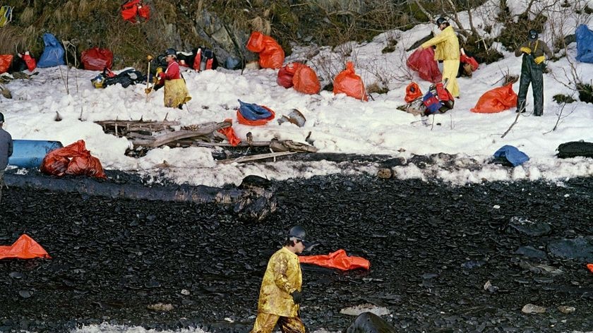 A cleanup worker walks through the oily surf at Naked Island on Prince William Sound