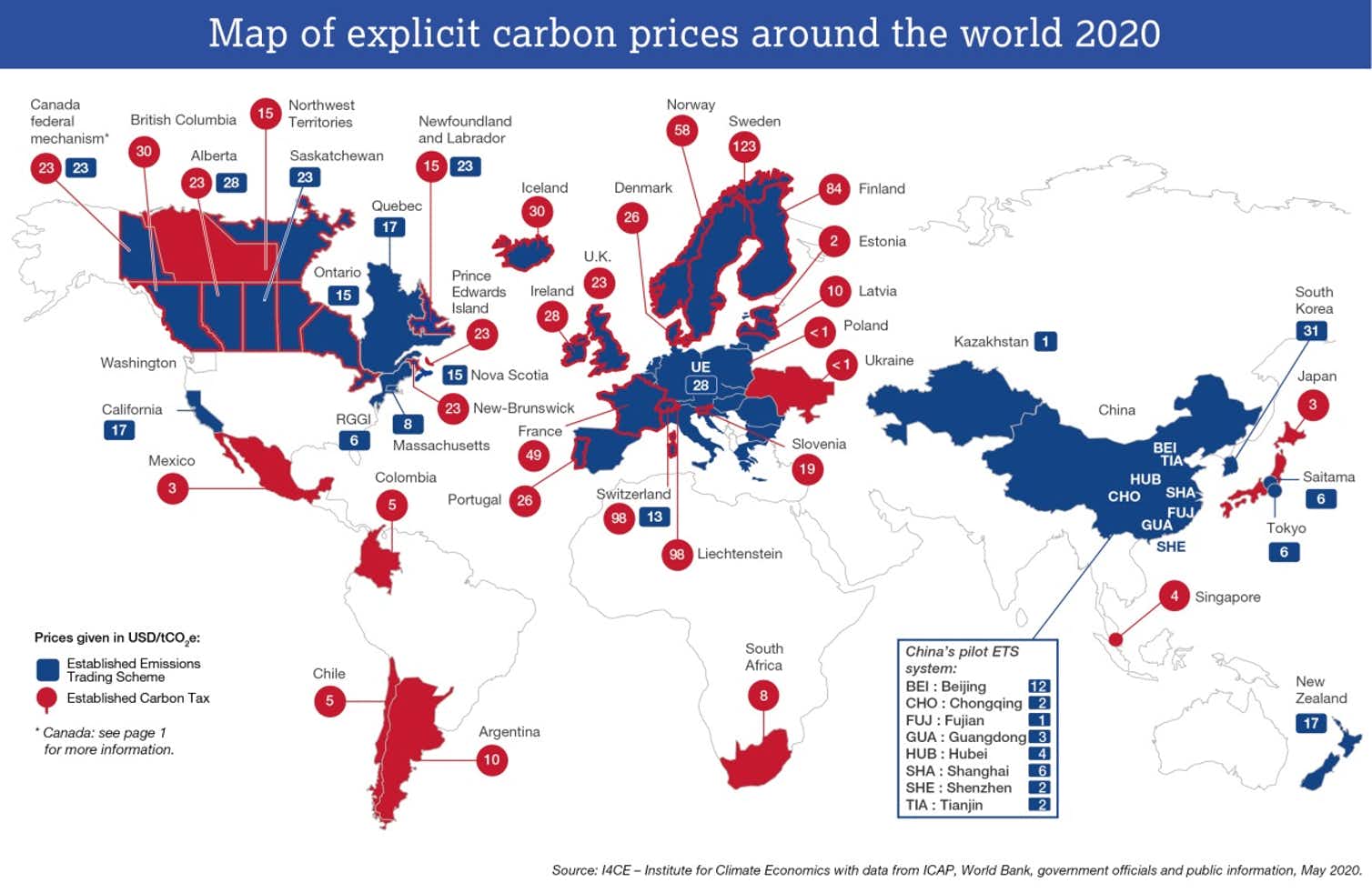 A red and blue coloured world map of explicit carbon prices