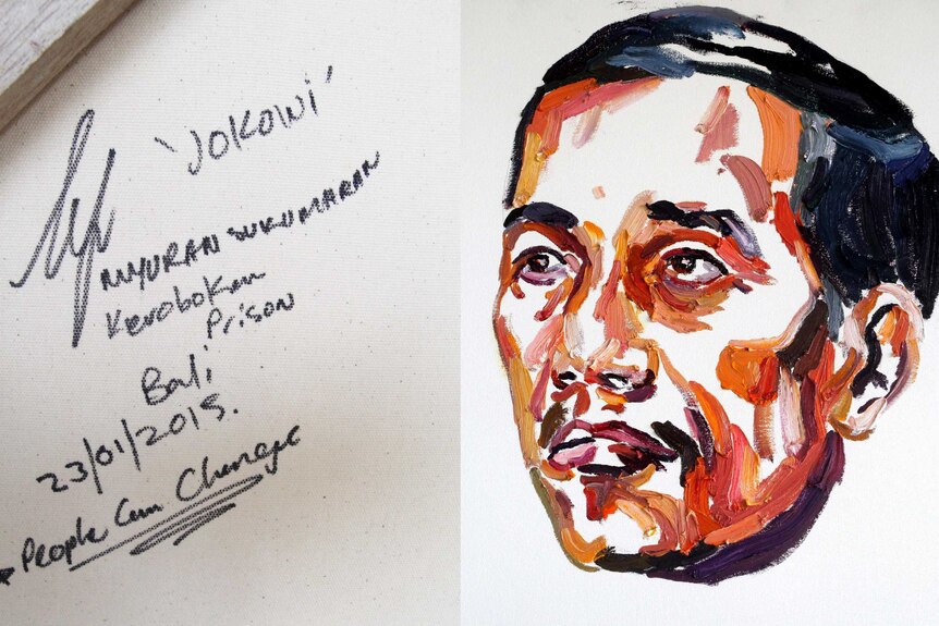 A painting of Jokowi Widodo by Myuran Sukumaran with the words "People can change" on the back