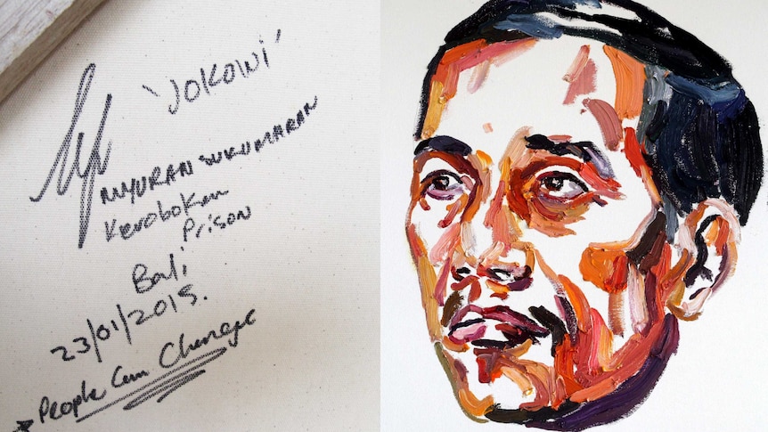 A painting of Jokowi Widodo by Myuran Sukumaran with the words "People can change" on the back