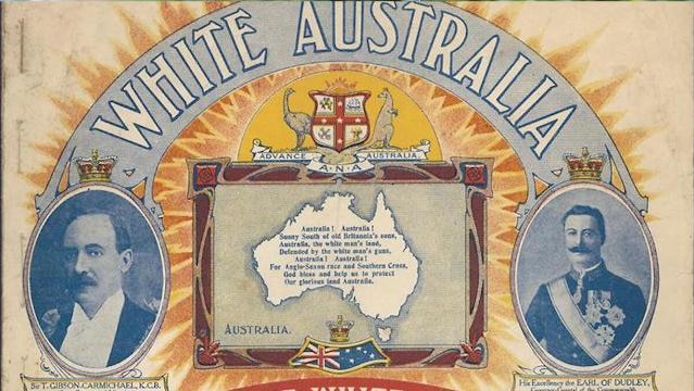 Old poster showing map of Australia with song lyrics, banner at top reads "White Australia"