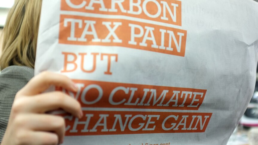 A woman reads The Australian with full page anti-carbon tax ads. (ABC: Sarah Collerton)