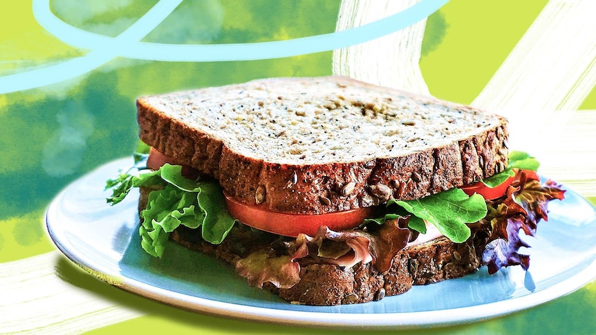 A salad sandwich on a plate made with grain bread, tomato and lettuce makes a healthy packed lunch for work.