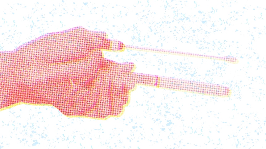 A hand holding a D I Y cervical screening kit, it is printed pink and yellow on a blue speckle background.