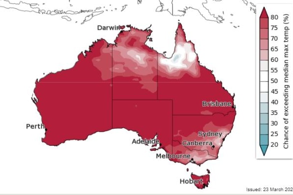 A map showing the expected temperatures for Australia.