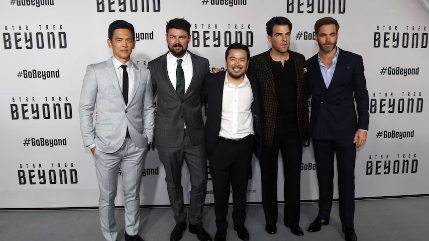 Star Trek Beyond actors, John Cho, Karl Urban, director Justin Lin, Zachary Quinto and Chris Pine pose for a photograph