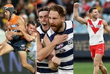 A composite image of AFL players, Darcy Jones, Tanner Bruhn and Zach Tuohy, Taylor Adams during matches