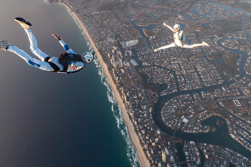 Archie Jamieson and Alana Bertram skydive over the Gold Coast.