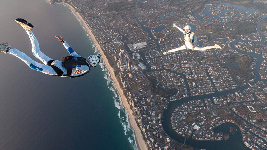 Archie Jamieson and Alana Bertram skydive over the Gold Coast.
