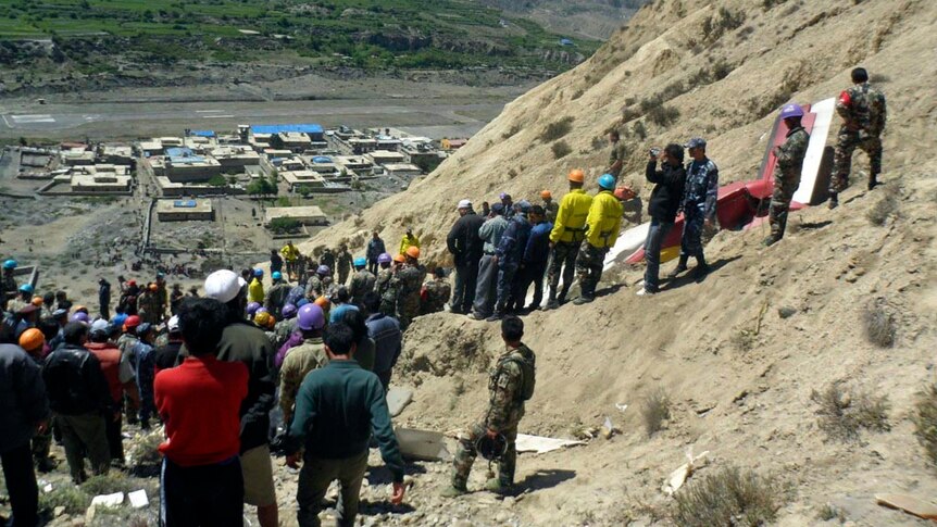 Rescue workers at plane crash site at Jomsom, Nepal.