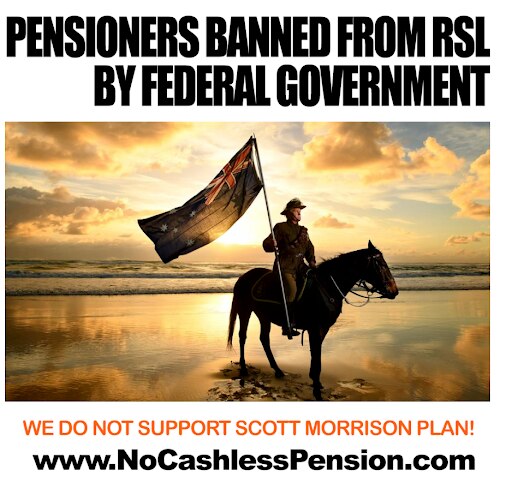 A poorly constructed meme featuring a soldier on a horse with AU flag. "Pensioners banned from RSL by Federal Government" 