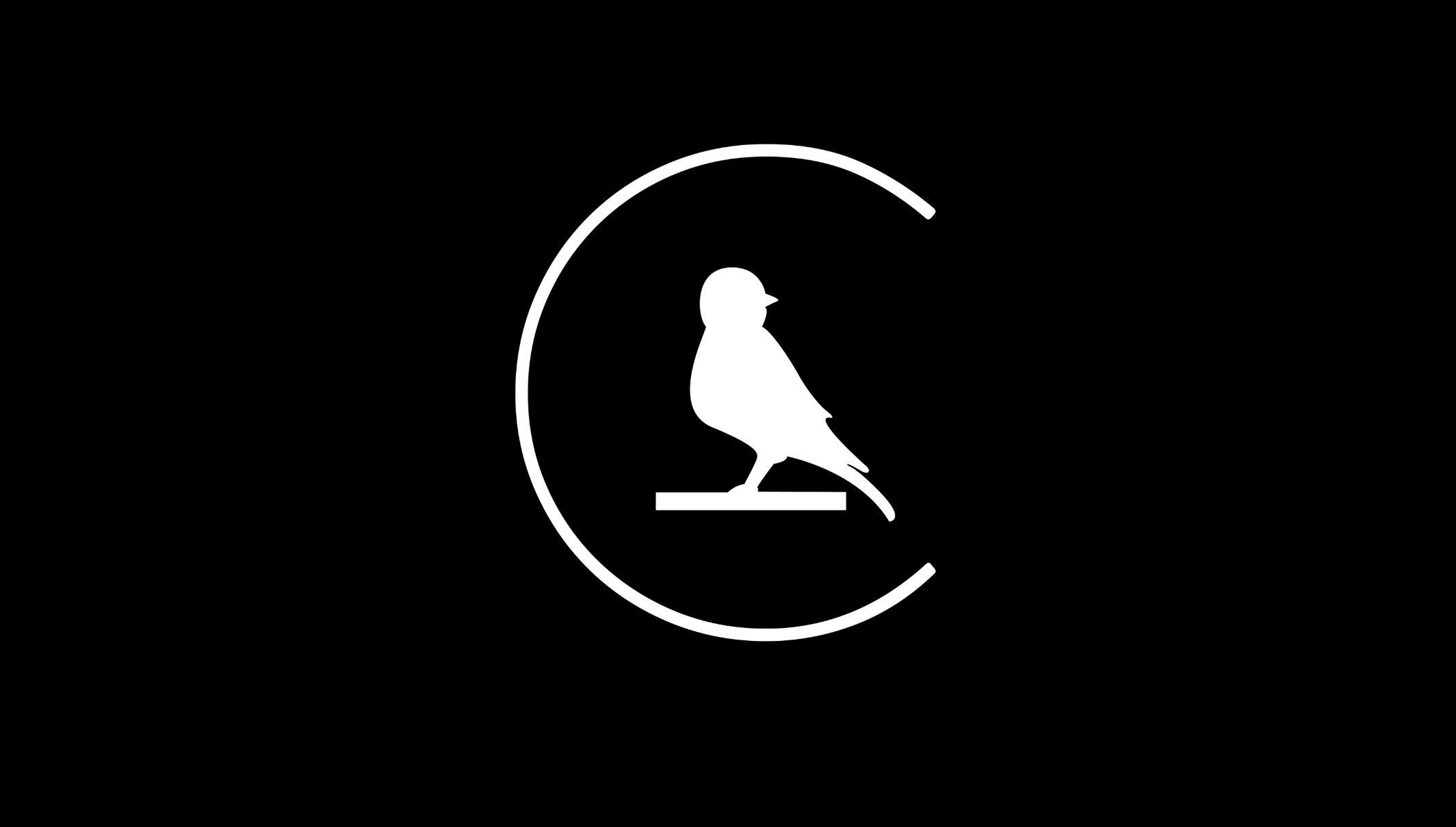 A white logo of a capital C and the silhouette of a canary on a black background