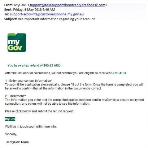 A scam email pretending to come from myGov