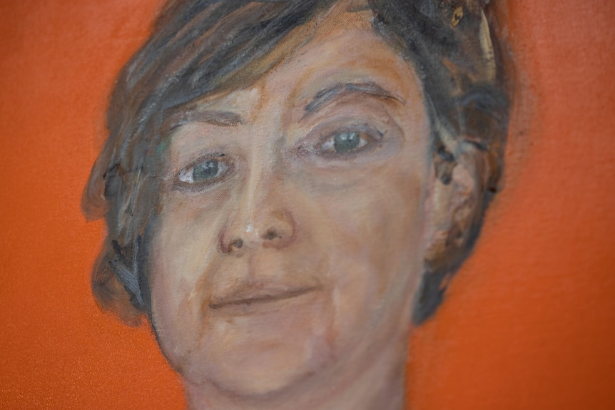 Close-up of the face, from a self-portrait painting by Tasmanian artist Mary Pridmore.