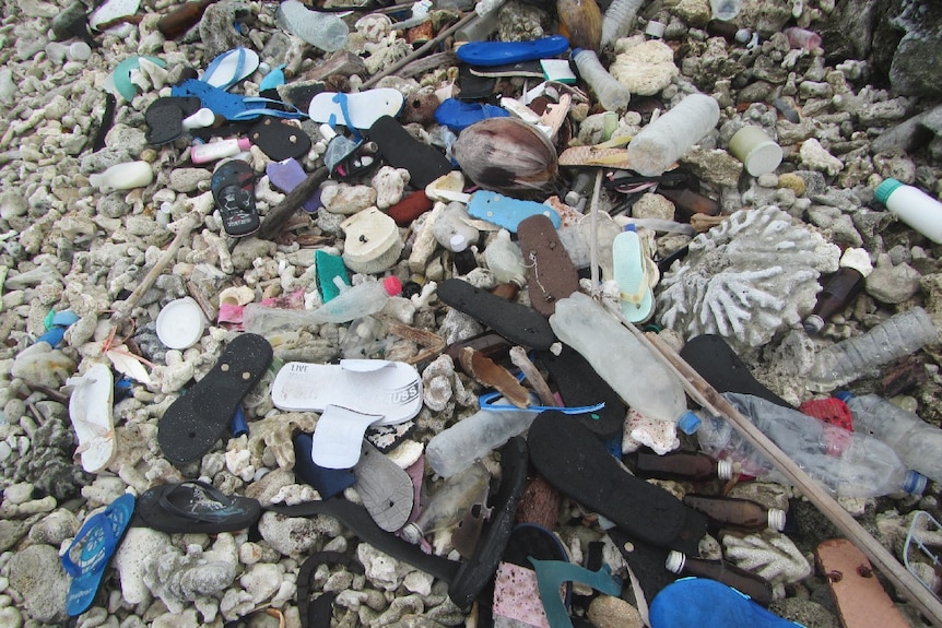 A pile of rubbished collected from the beaches including thongs, bottles and other plastic items.