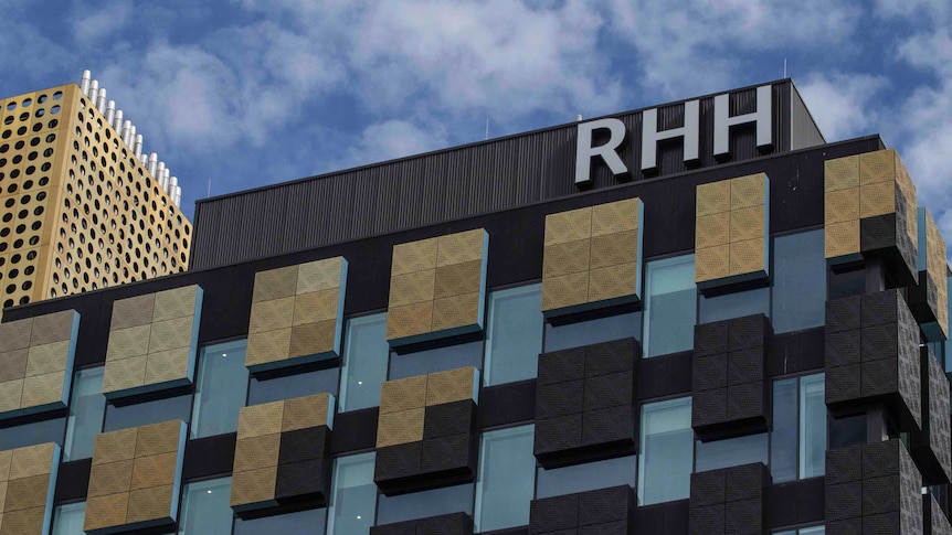 The top of the Royal Hobart Hospital building with the RHH sign