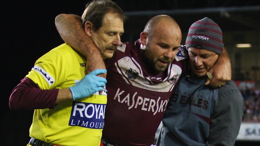 Injury cloud ... Glenn Stewart is helped from the field against the Storm
