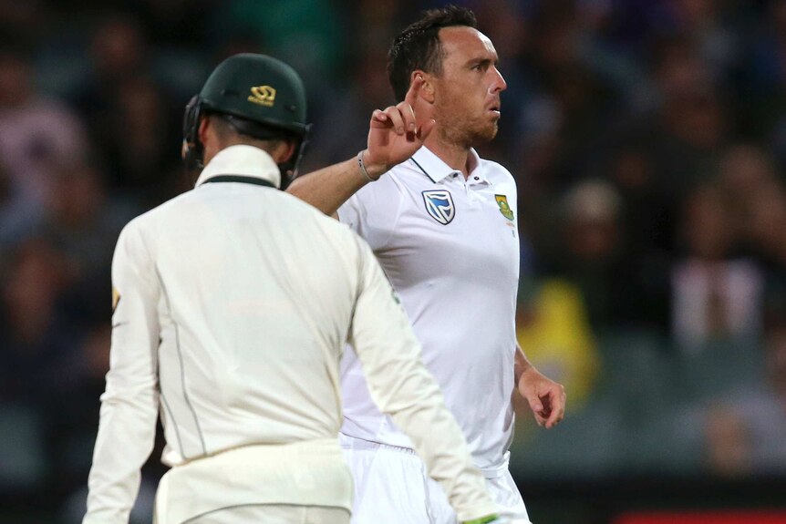 South Africa's Kyle Abbott reacts after bowling Australia's Peter Handscomb at Adelaide Oval