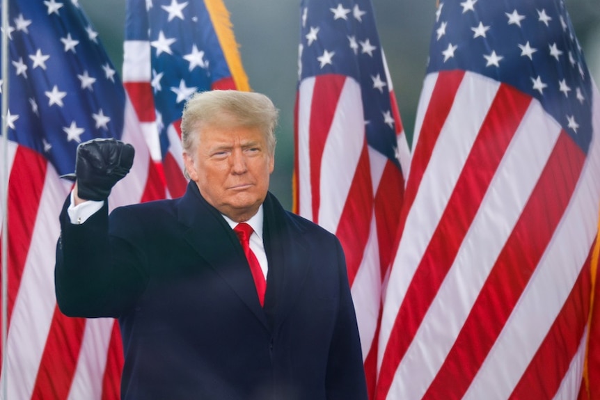 US President Donald Trump makes a fist during a rally in Washington