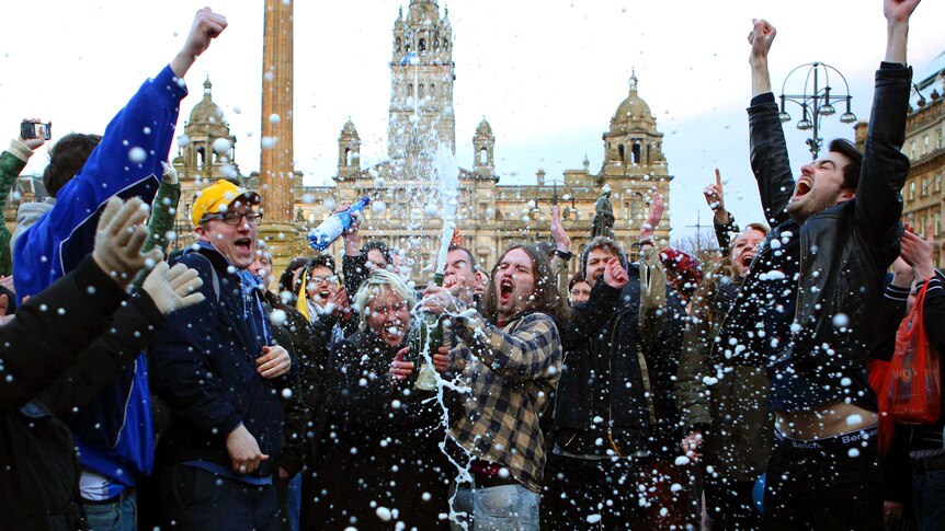 Revellers celebrate the death of Margaret Thatcher.