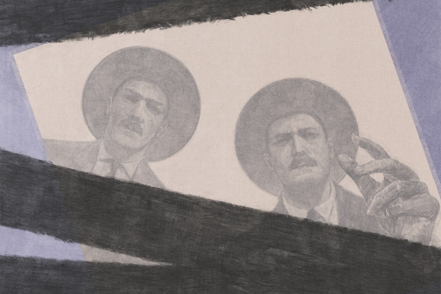 An illustration of two men in suits and hats looking back at the viewer, surrounded with bandages