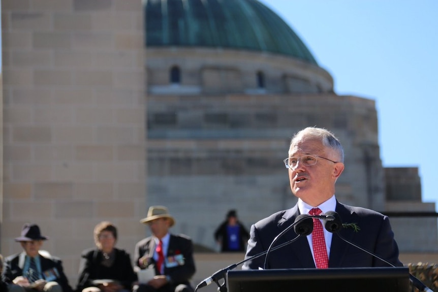 Prime Minister Malcolm Turnbull addressing the national Anzac Day service at the Australian War Memorial.