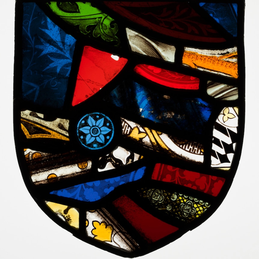 Shield of stained glass shards from the windows of the House of Commons Library, c.1942