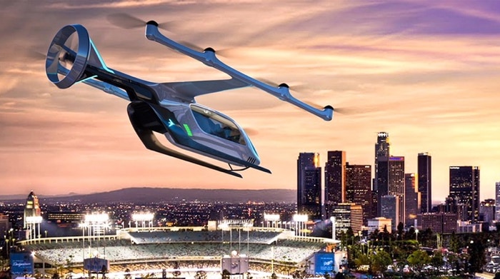 A flying vehicle sketched above a city skyline