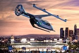 A flying vehicle sketched above a city skyline