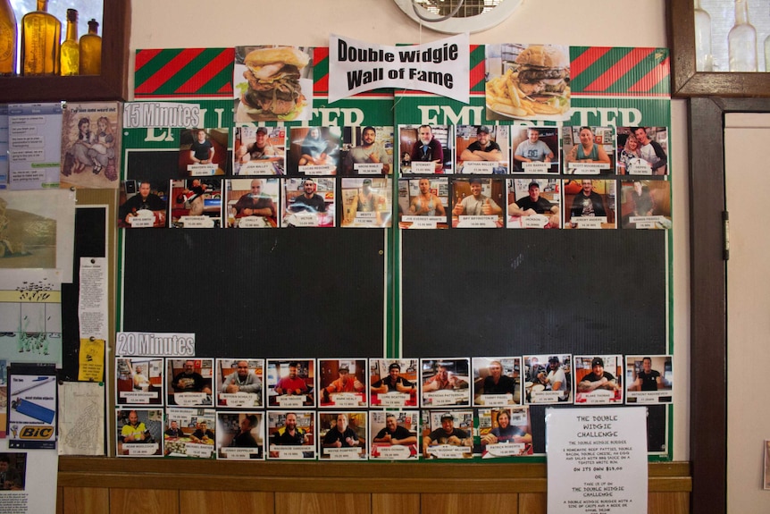 The "wall of fame" at the Widgiemooltha Tavern.