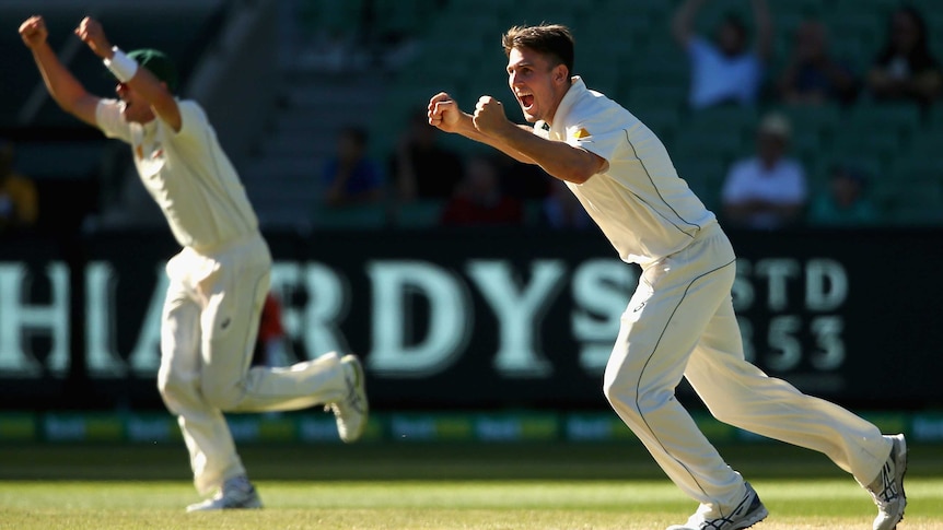 Australia's Mitch Marsh celebrates his match-winning wicket in second Test against West Indies.