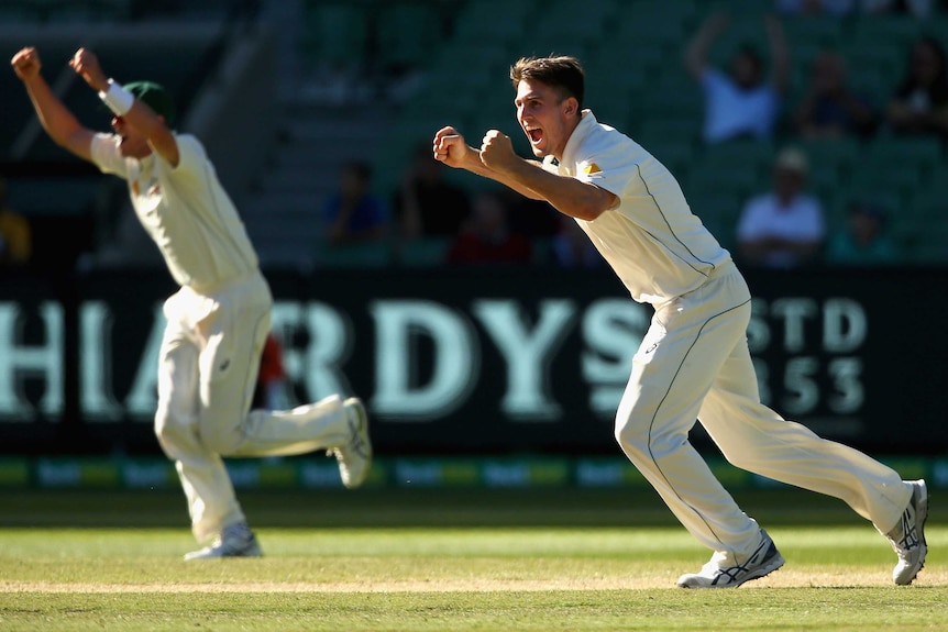 Australia's Mitch Marsh celebrates his match-winning wicket in second Test against West Indies.