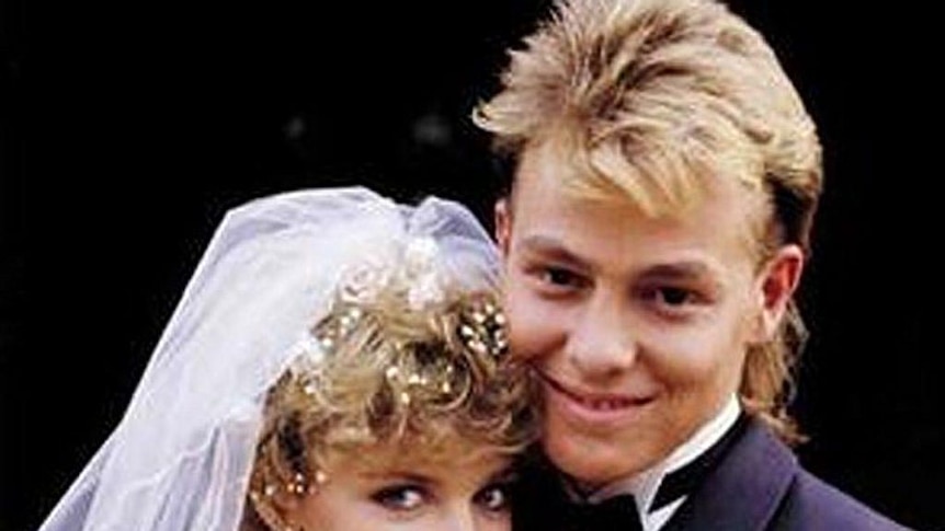 Kylie Minogue and Jason Donovan on Neighbours in 1987, during their wedding episode.