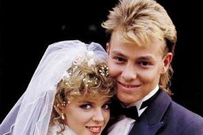 Kylie Minogue and Jason Donovan on Neighbours in 1987, during their wedding episode.