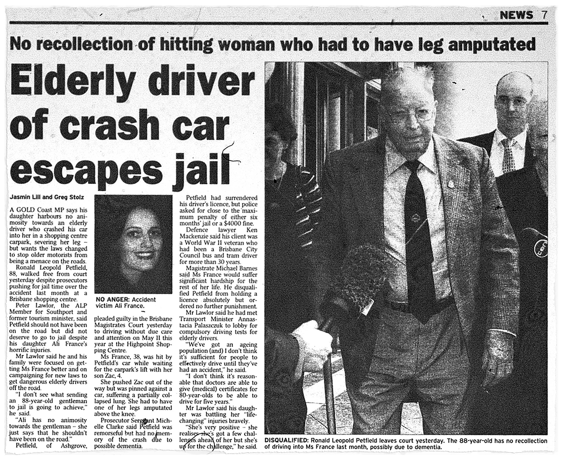 A newspaper clipping shows an article titled 'Elderly driver of cash car escapes jail', including a photo of Ali France