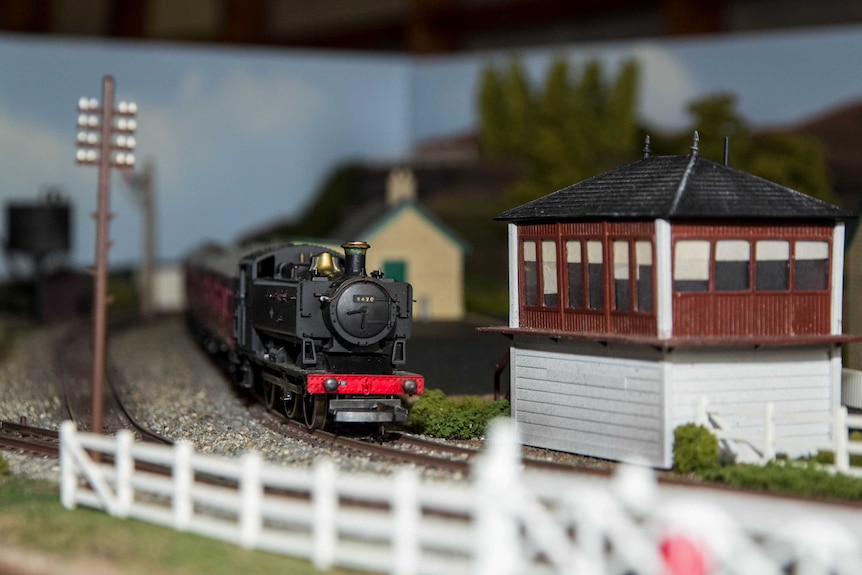 A model train on its tracks.