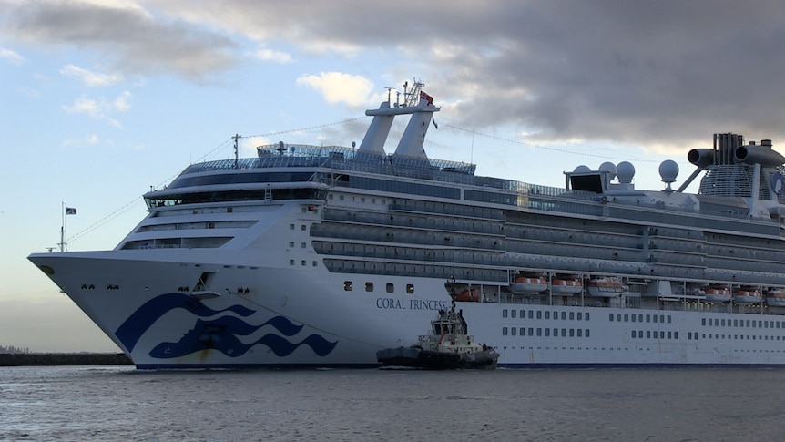 A multi-storey cruise ship on Newcastle Harbour, with a tugboat alongside it