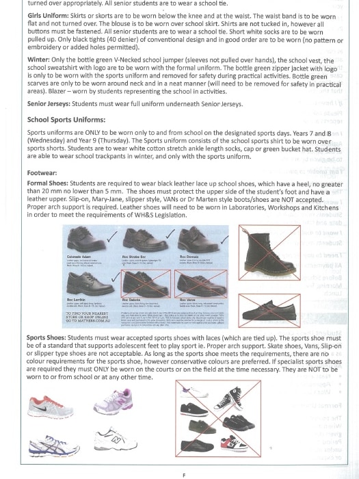 A shoe guide issued to parents of students at The Gap State High School