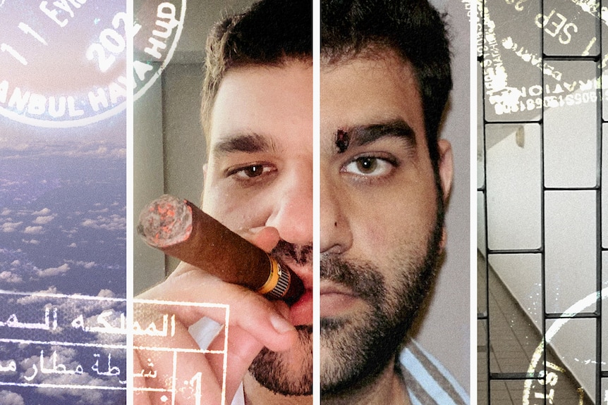 Composite image of two photos of a man - a selfie with him smoking a cigar and a mugshot. Around him are passport stamps.