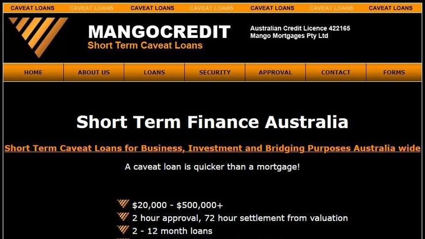 Black and orange Mango Media website with white text relating to short term loans