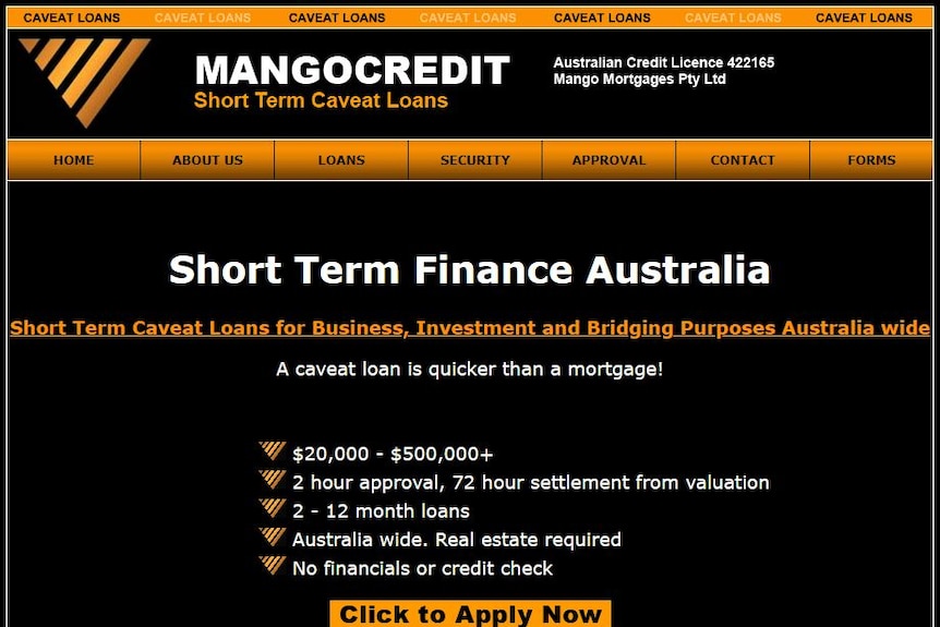 Black and orange Mango Media website with white text relating to short term loans