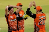 Perth Scorchers BBL players celebrate a wicket against Sydney Thunder in Perth.