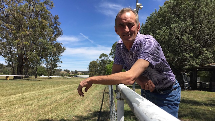 Bill Kelly leans on a fence on the tree lined race track of Wallabadah