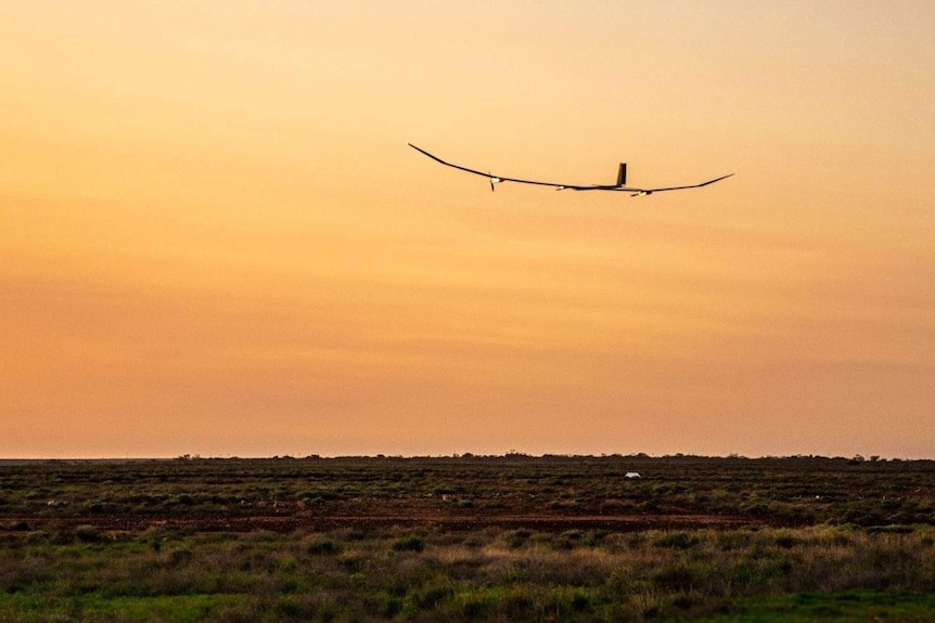 A very thin aeroplane in an orange sky over desert