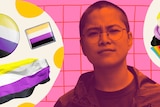 Head and shoulders image of a young person with glasses, against a backdrop of non-binary flags.
