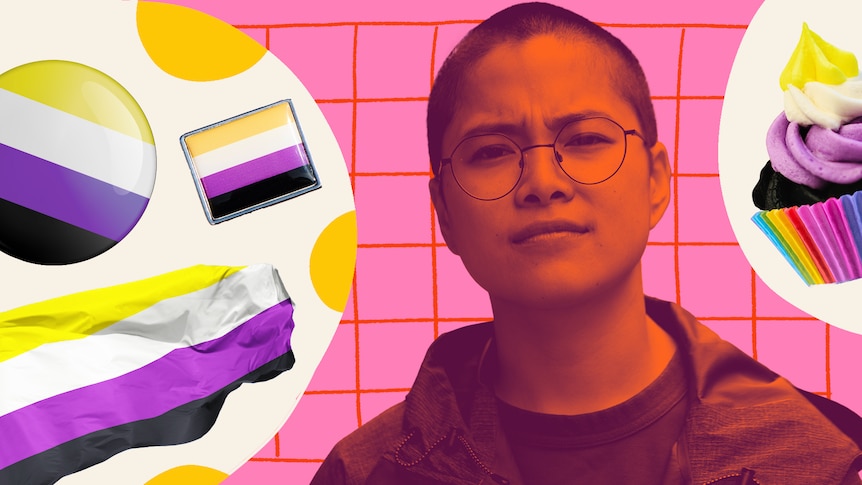 Head and shoulders image of a young person with glasses, against a backdrop of non-binary flags.